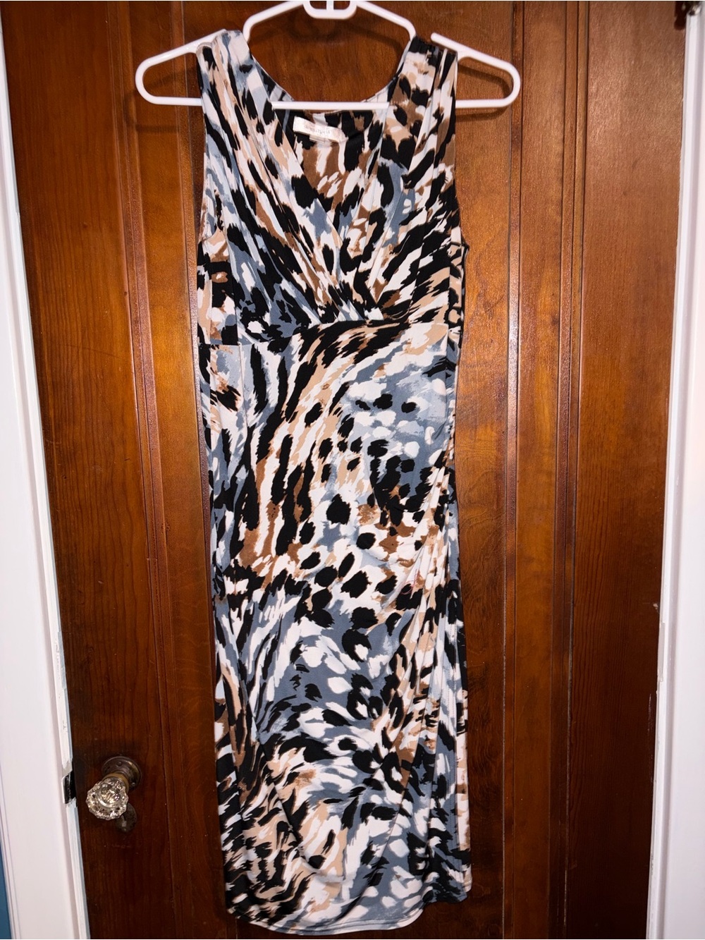 dressbarn Sleeveless Abstract Print Maxi Dress in Black, Gray & Brown
